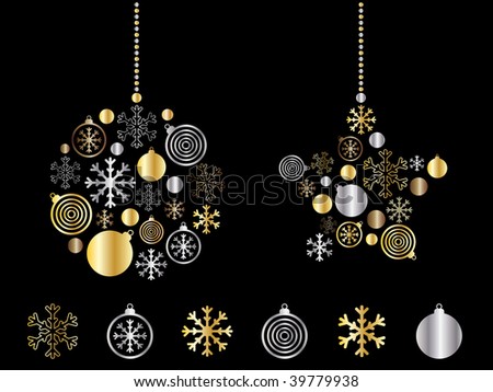 christmas greeting card with gold and silver decorations