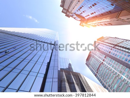 Looking up at business buildings in downtown New York, USA