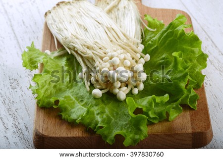 Japanese traditional cuisine - Enoki mushroom on salad leaves