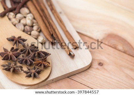dried mix herbal on wood background with copy space.