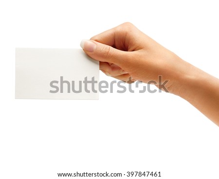 Hand hold blank business card isolated on white background. Close up