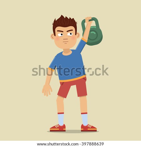 Illustration of a sportsman training with a kettlebell. Physical exercises, workout, weight lifting, sport, healthy lifestyle. Flat style vector illustration