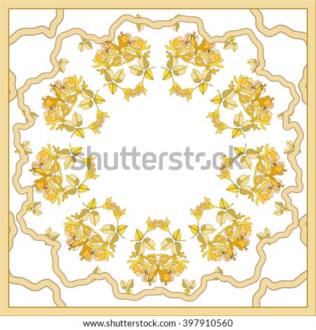 Gold frame with vintage flowers. Delicate pattern. For cards, invitations and printing on paper, glazed tiles and fabrics Romantic backdrop for wedding announcements
