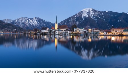 Village of Rottach-Egern at Lake Tegernsee with church and traditional houses at night, Tegernsee, Bavaria, Germany