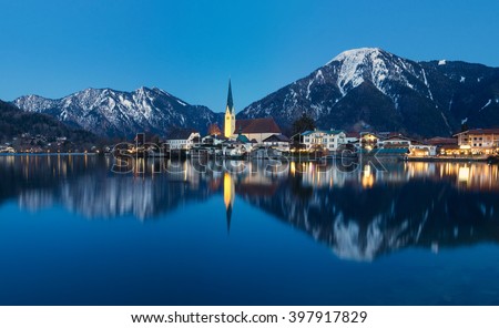 Village of Rottach-Egern at Lake Tegernsee with church and traditional houses at night, Tegernsee, Bavaria, Germany