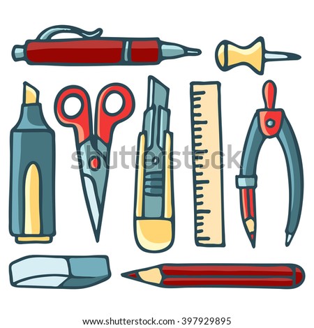Stationery set: knife, scissors, compasses, pencil, pen, highlighter, ruler, eraser. Set of simple color images.