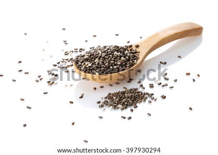 Chia seeds in wooden spoon isolated with white background Royalty-Free Stock Photo #397930294
