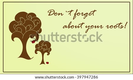 Modern abstract grey background or postcard contains trees with big crown, symbolize family, and place for text.