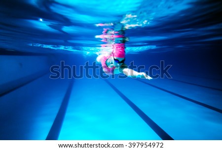 Woman Swimming Freestyle/ Under water shoot of a woman swimming freestyle in olympic pool Royalty-Free Stock Photo #397954972