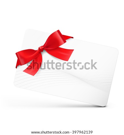 Gift card with red ribbon on white background. Vector illustration