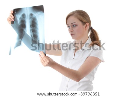 Female doctor examining a chest x-ray photo scan. Isolated on white