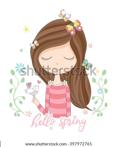 cute girl vector design. Hello spring slogan.