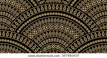 Vector abstract seamless geometrical wavy background from golden and black fan shaped ornate feathers and banners with ethnic patterns. Fish scale order. Oriental textile print. Art deco wallpaper Royalty-Free Stock Photo #397985419