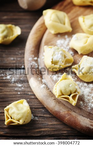 homemade Italian traditional tortellini on the wooden table, selective focus