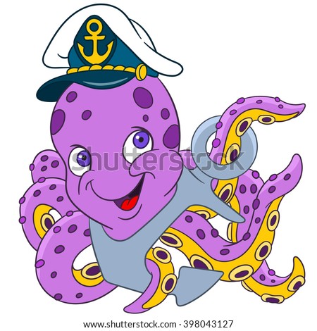 Octopus in a captain's hat with anchor. Cartoon character isolated on white background. Colorful design for kids activity book, coloring page, colouring picture. Vector illustration for children.