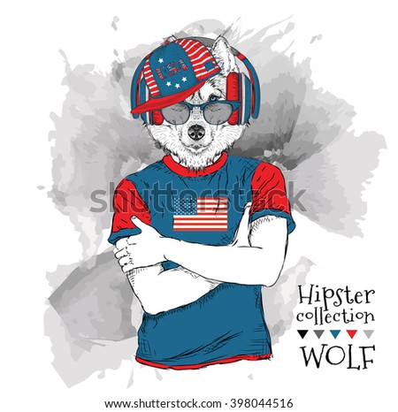 Illustration of wolf dressed up in the glasses and in the t-shirt with print of USA flag. Vector illustration.