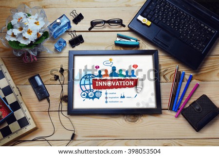 Innovation design concept and group of people on wooden office desk. Innovation concepts for business, consulting, finance, management, human resources.  