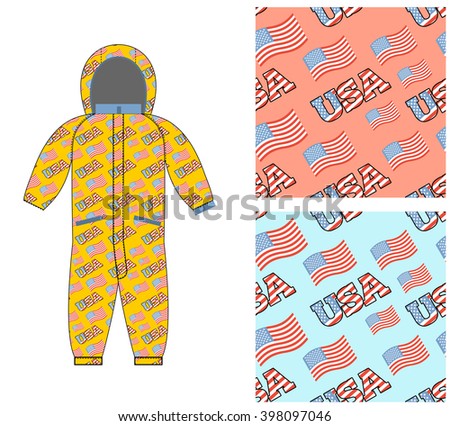 Patriotic childrens clothing. baby dress template. Overall with pattern USA flag. Possible Patterns for boys and girls. National jumpsuit baby. Clothes for children day Americas independence