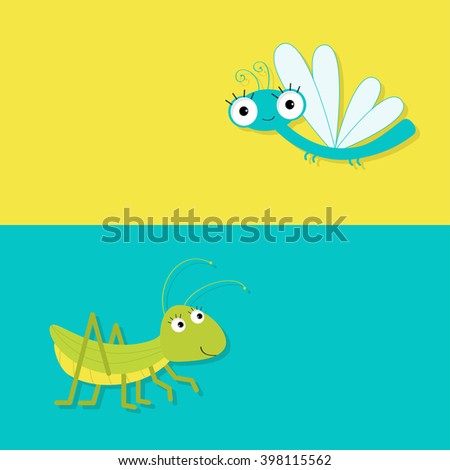 Grasshopper and dragonfly. Cute cartoon character. Yellow blue background. Banner set Baby insect collection. Flat design. 