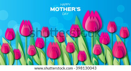 Pink Floral Greeting card - International Happy Mothers Day - 8 May- with Bunch of Spring Tulips. Flower holiday background. Beautiful bouquet. Trendy Design Template. Vector illustration.