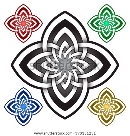 Four petals flower logo symbol in Celtic style. Tribal tattoo symbol. Silver stamp for jewelry design and samples of other colors.