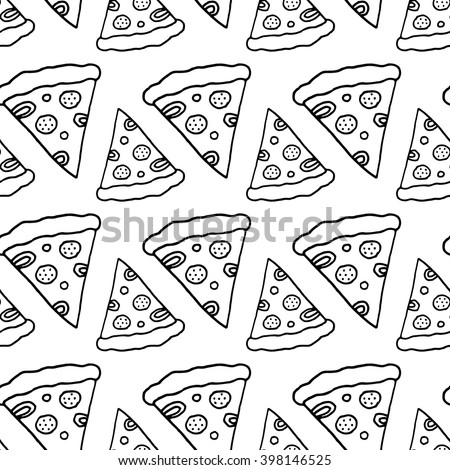 Trendy pizza pattern with hand drawn pizza slices. Cute vector black and white pizza pattern. Seamless monochrome pizza pattern for fabric, wallpapers, wrapping paper, cards and web backgrounds.