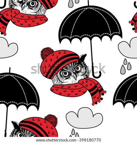 Vector seamless pattern with owls and black umbrellas. Owl in a red beret and scarf.