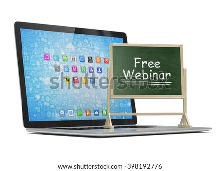 Laptop with chalkboard, free webinar, online education concept. 3D rendering.