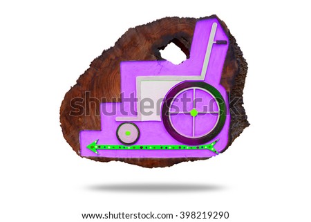 Wheelchair label on wood board, Background have Purple color and Lime arrow pointing to the left side