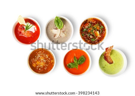 Variety of restaurant hot dishes, healthy food. Japanese miso, asian fish soup, russian borscht, english pea soup, mushroom soup, spanish gazpacho isolated at white. Top view, flat lay. Royalty-Free Stock Photo #398234143