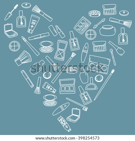 Beauty products and cosmetics hand drawn doodle clip art background in a heart shape