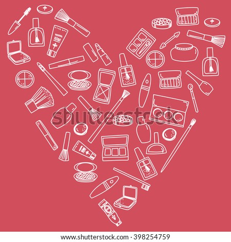 Beauty products and cosmetics hand drawn doodle clip art background in a heart shape