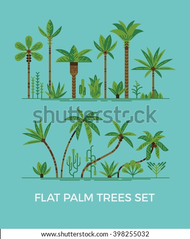 palm trees and other tropical exotic plants vector illustration set. Lush forest. Rainforest jungle trees, plants, shrubs and bushes, paradise beach resort crooked palm trees, trendy flat design