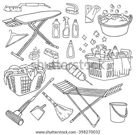 Vector hand-drawn set of cleaning tools. Cleaning service. Cleaning supplies. Doodle illustration. Cleaning products