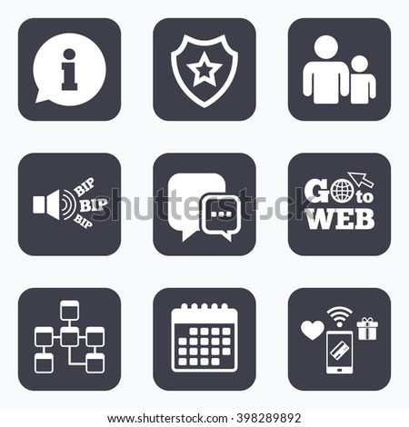 Mobile payments, wifi and calendar icons. Information sign. Group of people and database symbols. Chat speech bubbles sign. Communication icons. Go to web symbol.
