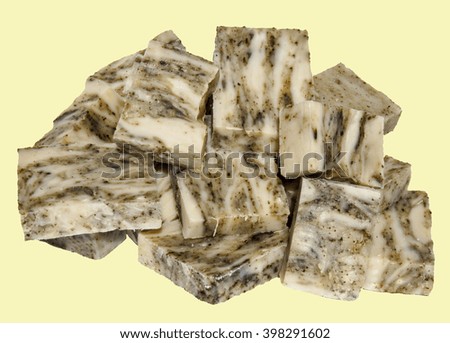 Beautiful and natural handmade soaps on a white background.