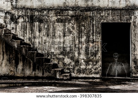 Abandoned building ghost living place, human skeleton inside abandoned building, darkness horror and halloween background concept