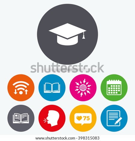 Wifi, like counter and calendar icons. Pencil with document and open book icons. Graduation cap symbol. Higher education learn signs. Human talk, go to web.