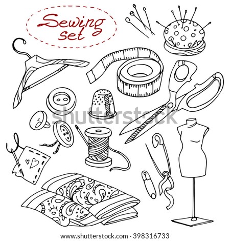 Sewing set with scissors, hanger, mannequin, cloth, thimble, thread, needles, buttons, safety pins. Hand-drawn design elements.