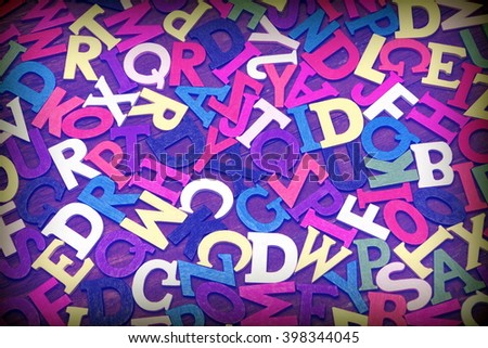 Toned Random English Wooden Multicolored Letters On  Wood Background, Close Up, Top View, Horizontal Image