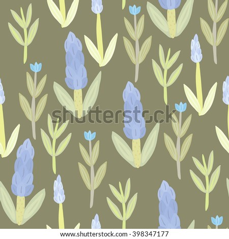 vector seamless flower pattern with lavender, branches and leaves