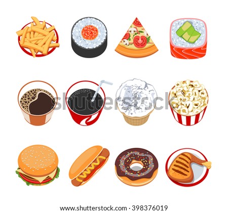 Set Of Cartoon Traditional Food Icons. Colorful Vector Illustration
