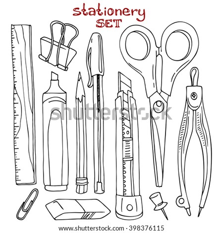 Stationery set: knife, scissors, compasses, pencil, pen, highlighter, clip, ruler, eraser. Hand-drawn design elements.