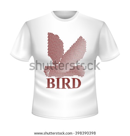 White t-shirt with the image of the flying red owl. Abstract bird made in the technique small points, circles. Bright t-shirt with short sleeves with the red inscription "bird". Icon. Logo. Vector.