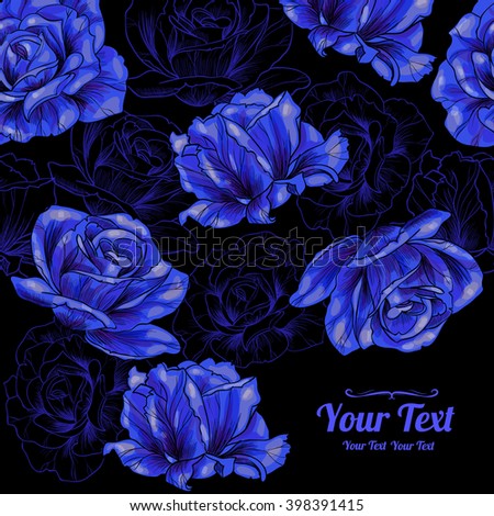 Vector  beautiful blue roses flowers frame corner pattern . Invitation or greeting card design.Vector illustration
