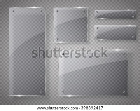 Glass plates set. Vector glass banners on transparent background. Royalty-Free Stock Photo #398392417