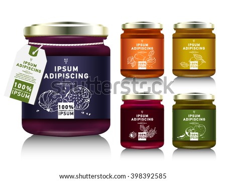 Glass jar with with jam, configure or honey. Vector illustration. Packaging collection. Label for jam. Bank realistic with design tag. Mock up  mason jar with design label or badges Royalty-Free Stock Photo #398392585