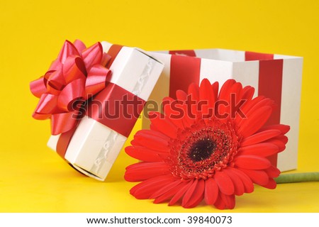 gift box and red flower on yellow