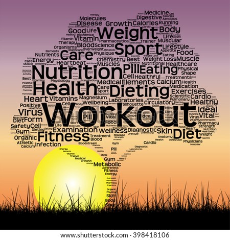 Vector concept or conceptual text word cloud as tree and grass on sunset sky with sun word cloud background, metaphor to health, nutrition, diet, wellness, body, energy, medical, sport, heart science