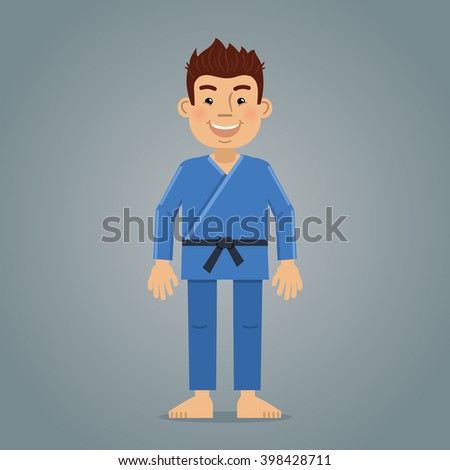 Illustration of a cheerful martial artist in blue kimono posing. Karate, judo, aikido, taekwondo disciple, master. Flat style vector illustration